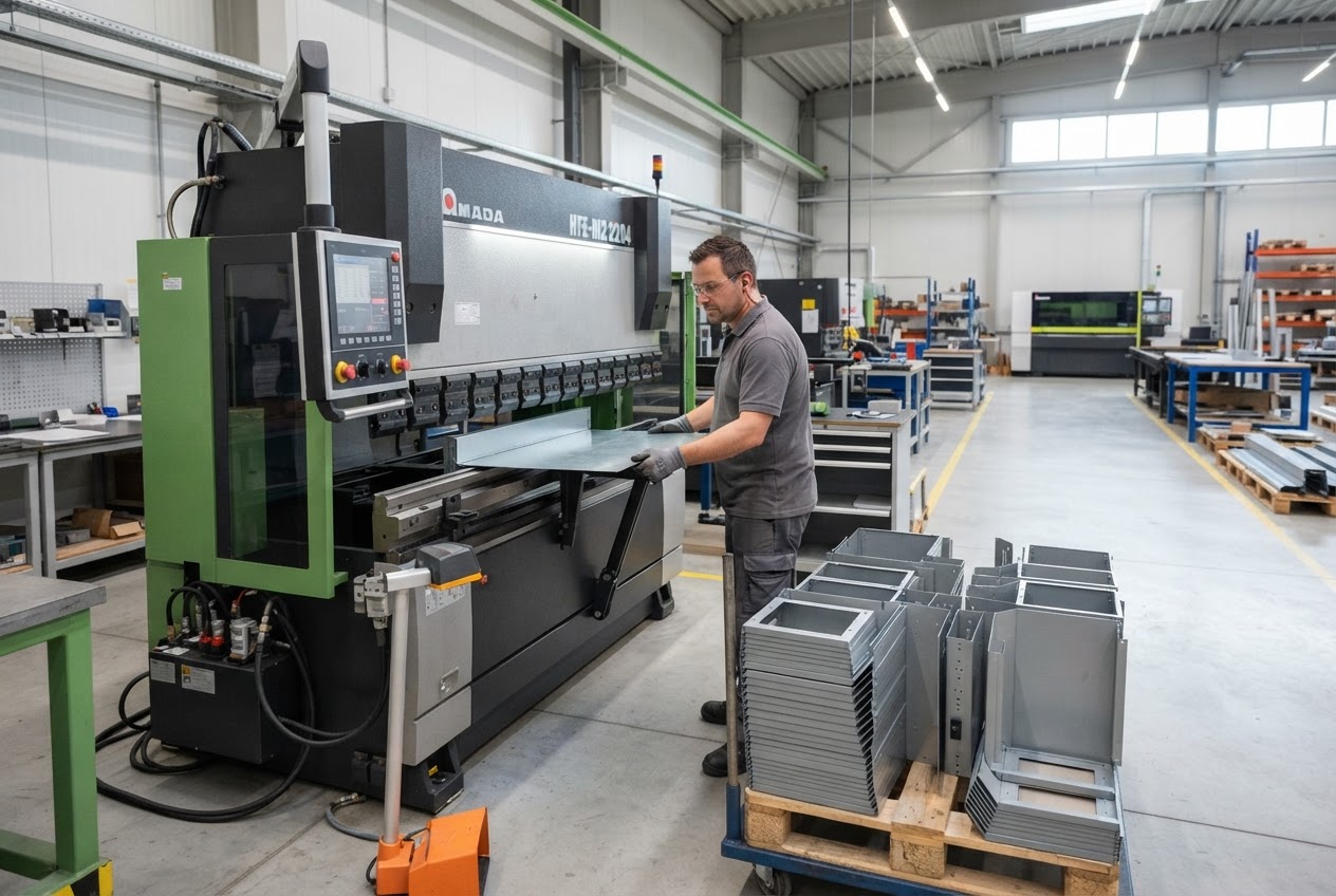 CNC bending machine forming precise sheet metal components for industrial enclosures