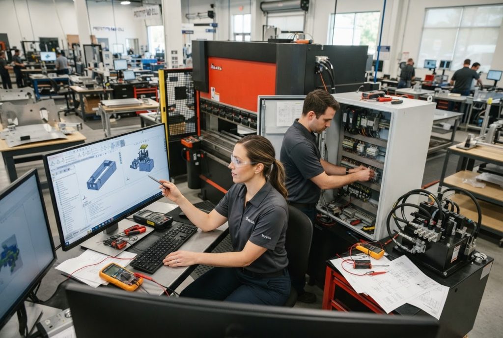 R&D engineers developing CNC sheet metal equipment systems