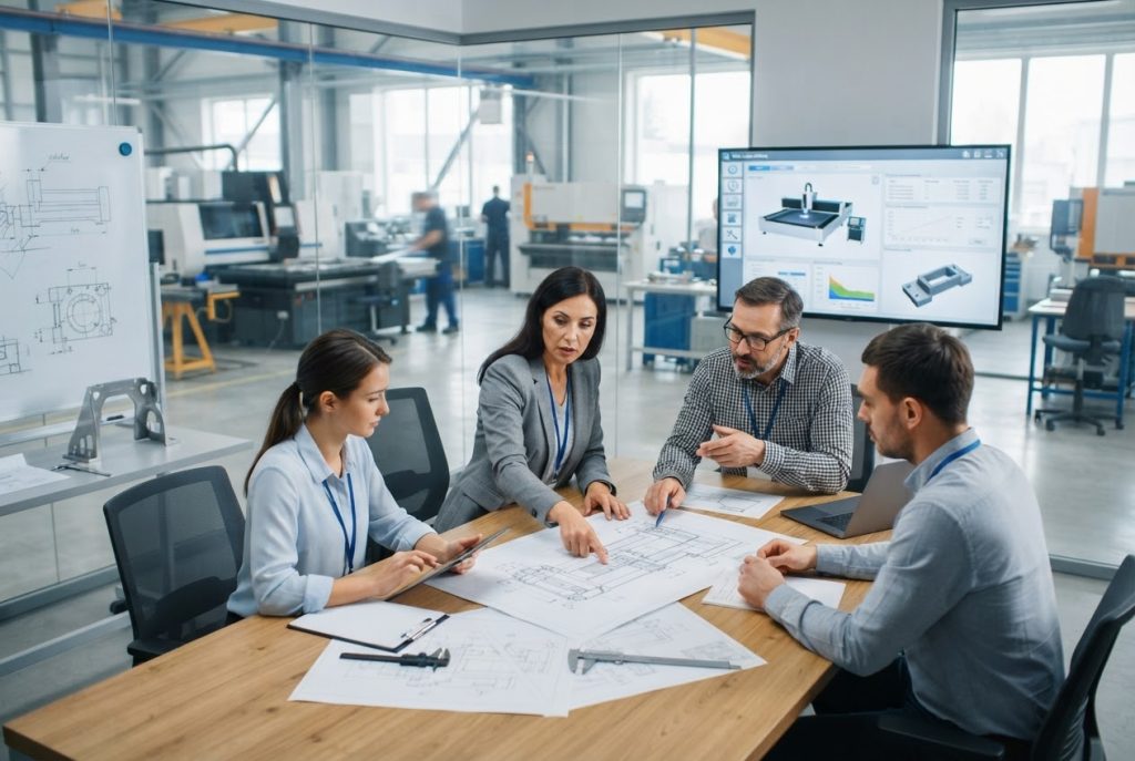 R&D engineers reviewing CNC equipment design drawings and digital control interface