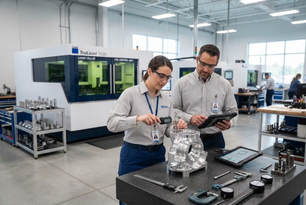 Engineers checking precision components in a modern CNC machining workshop