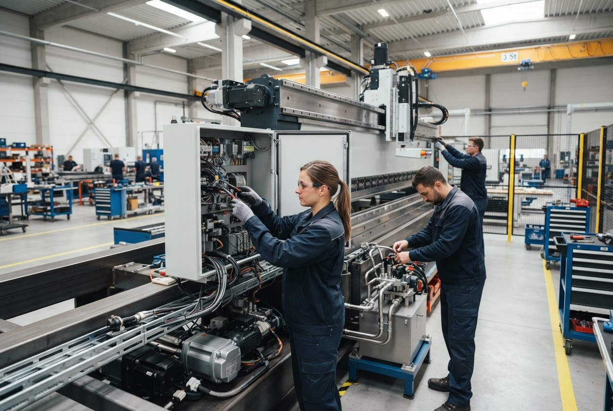 Technicians assembling intelligent sheet metal equipment in a modern manufacturing workshop